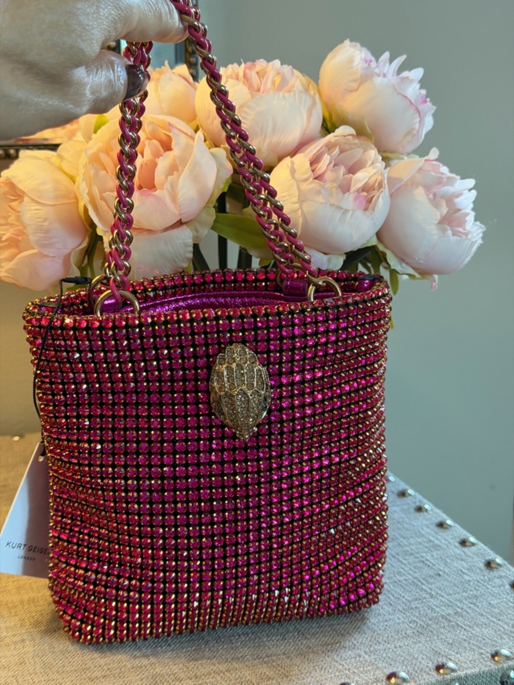 NWT Kurt Geiger Showstopper Pink Crystal Embellished Mini Tote Gold Double Chain - Picture 3 of 10